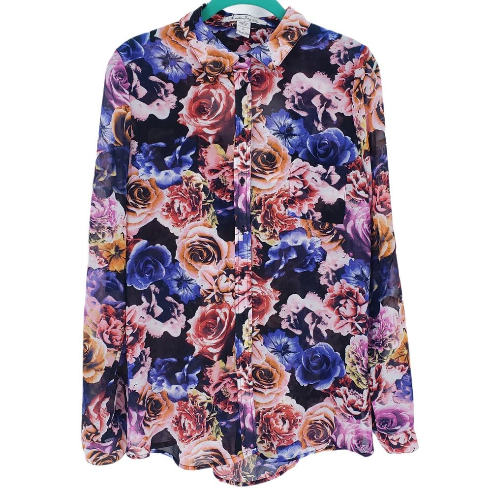 American Rag Floral Button Up Top Open Back Shirt Light Weight Women Size Small